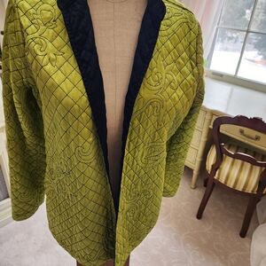 Green Quilted Jacket with Navy Trim